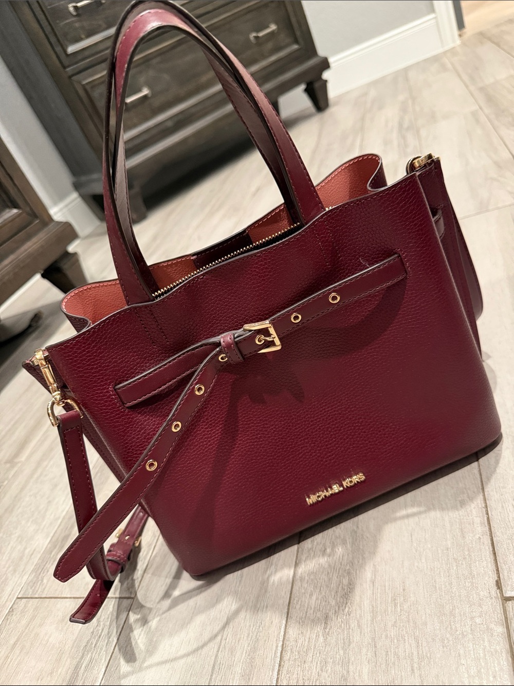 Michael Kors Wine Leather Tote with Bow Strap
